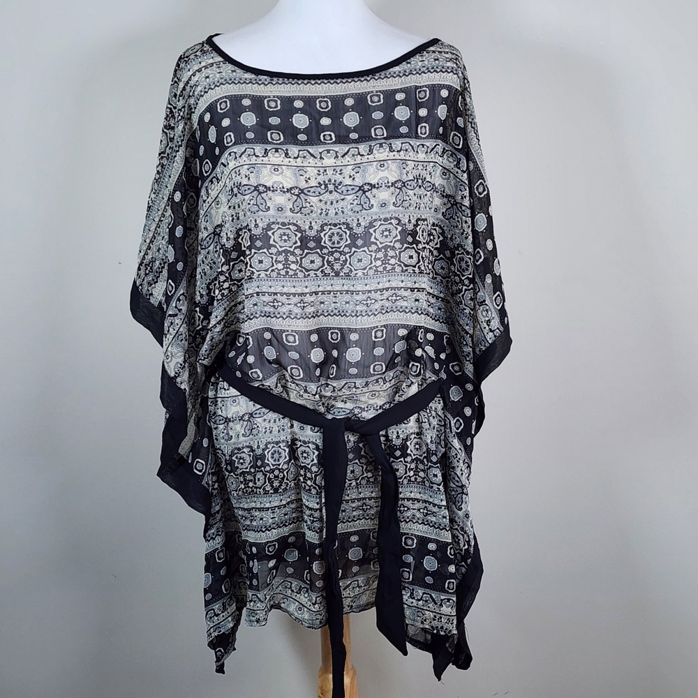 Reitmans‎ Kaftan Blouse Womens 1X Black White Medallion Sheer Boho Beach Core